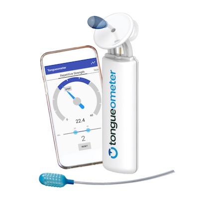 The Tongueometer device next to a smartphone showing the training app